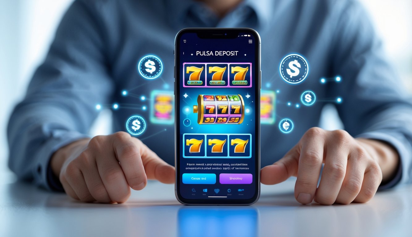 Seseorang menggunakan ponsel untuk bermain slot online dengan simbol pulsa di layar.