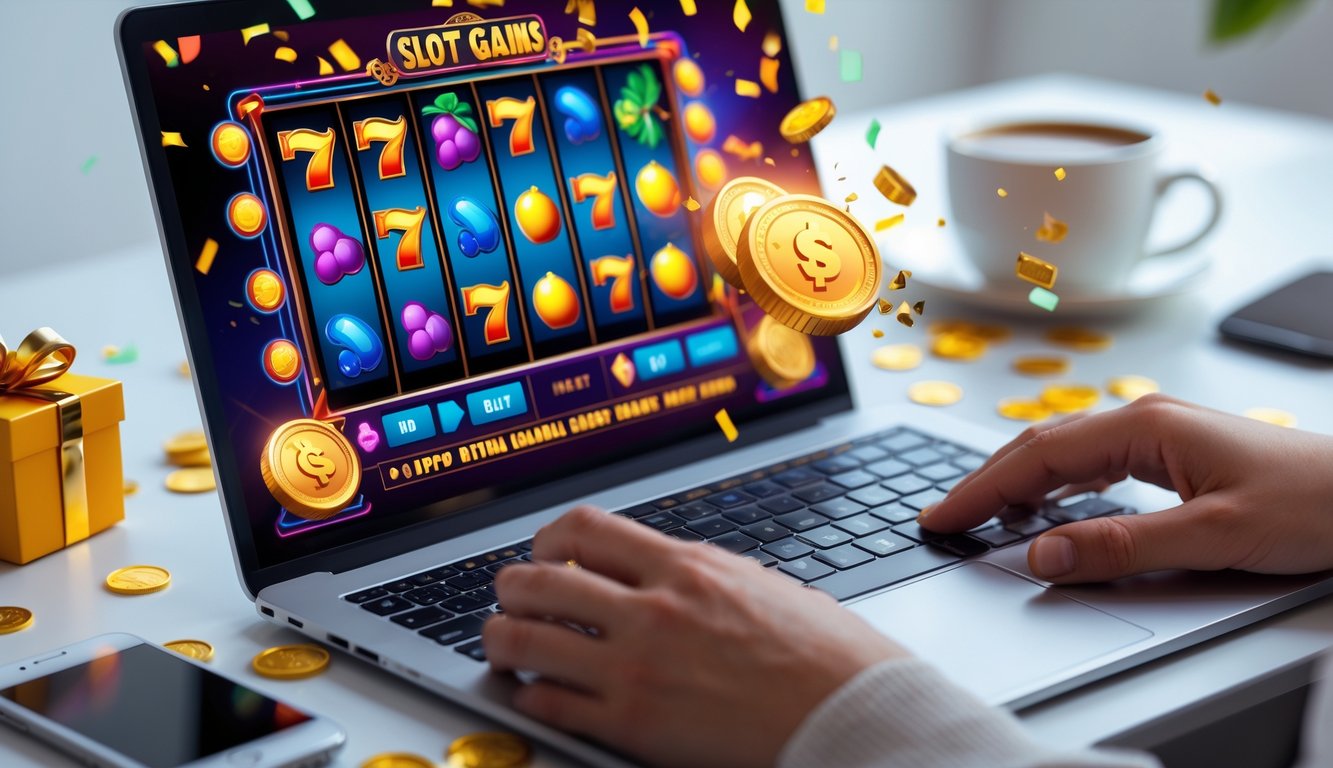 Layar komputer menampilkan permainan slot warna-warni dengan simbol berputar, dikelilingi koin emas dan suasana yang menyenangkan di meja kerja.
