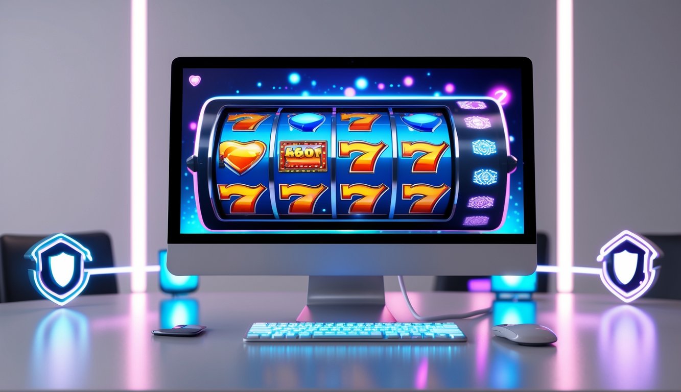 Suasana ruang kerja modern dengan komputer yang menampilkan permainan slot online berwarna-warni tanpa teks.