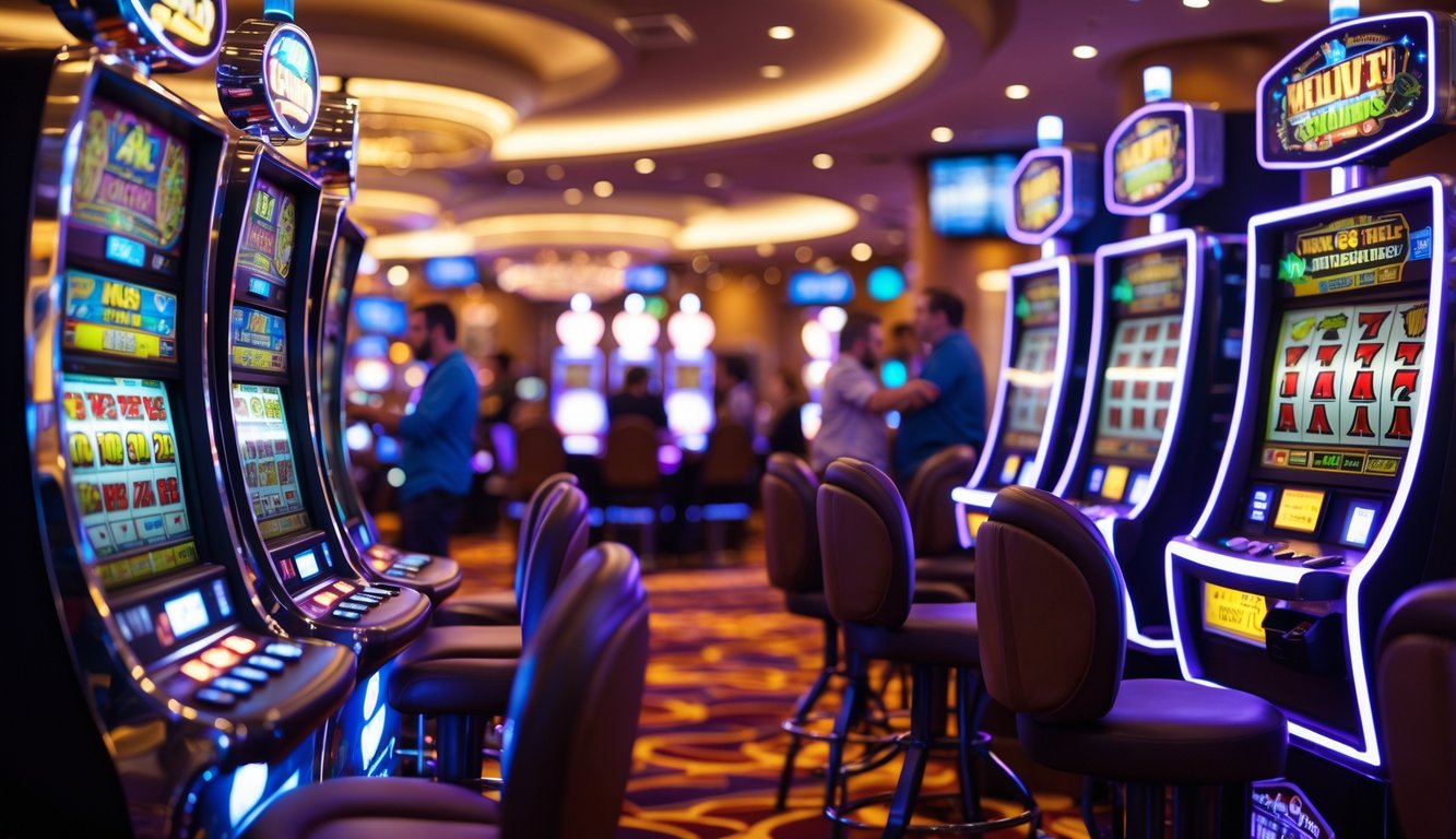 Suasana kasino dengan mesin slot yang menyala dan beberapa pemain yang terlihat antusias.