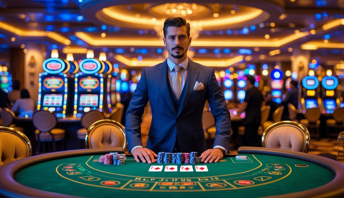 Seorang dealer berjubah rapi berdiri di belakang meja kartu di kasino dengan mesin slot dan pemain di latar belakang.