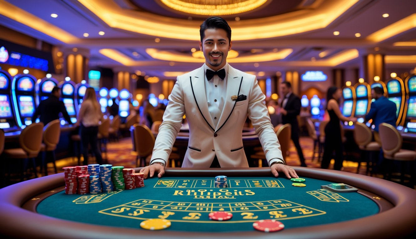 Seorang dealer berjubah rapi berdiri di belakang meja permainan kasino dengan chip dan kartu, di latar belakang terlihat suasana kasino yang ramai dan modern.