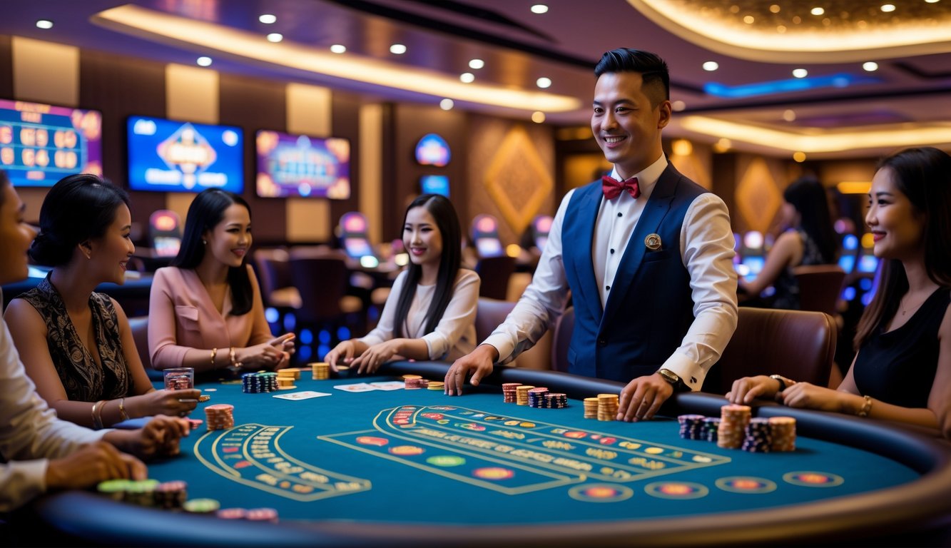 Suasana kasino langsung dengan dealer dan pemain yang sedang bermain di meja kasino modern di Indonesia.
