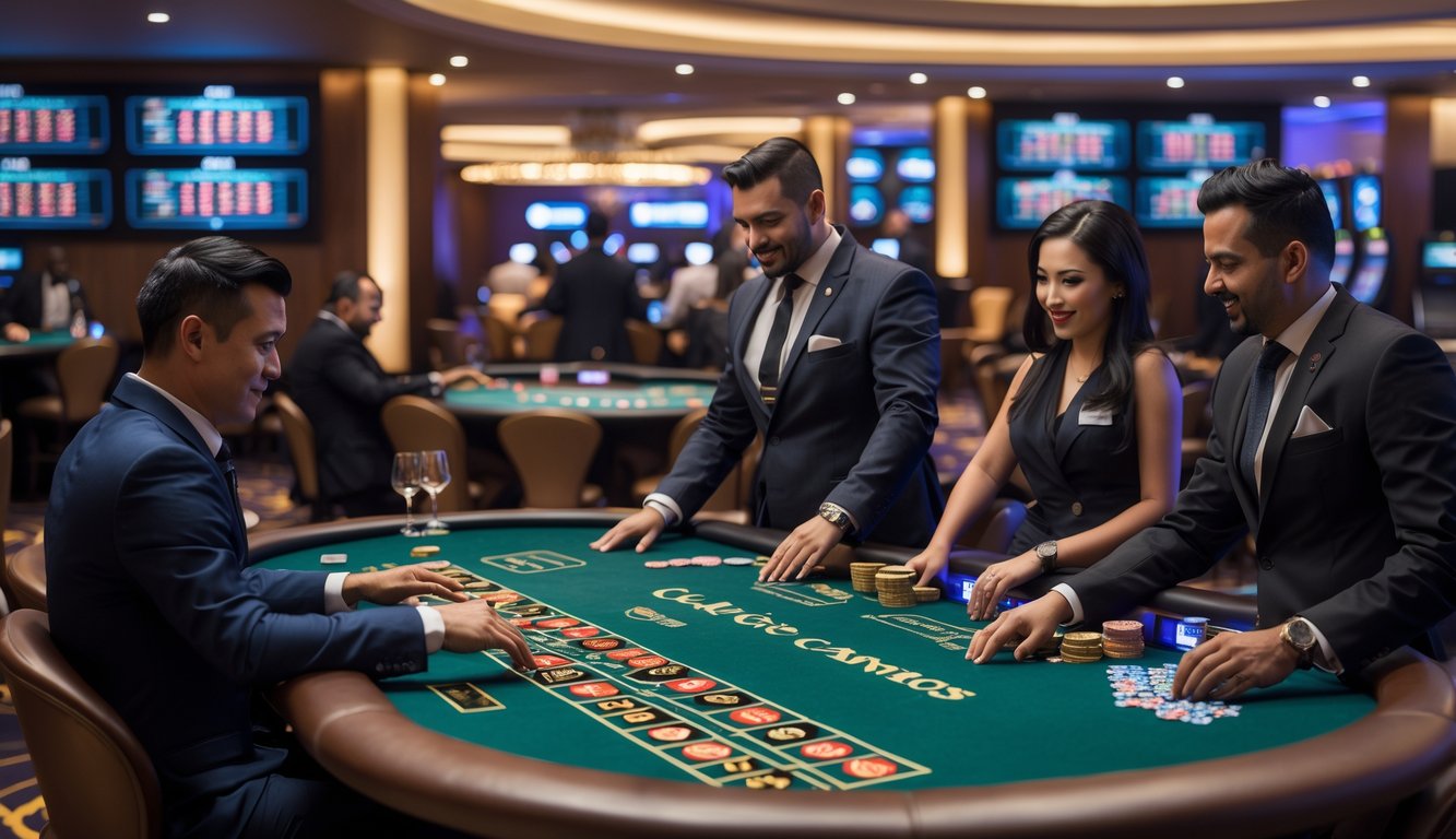 Suasana kasino langsung resmi dengan meja permainan, dealer, dan pemain yang sedang bermain.