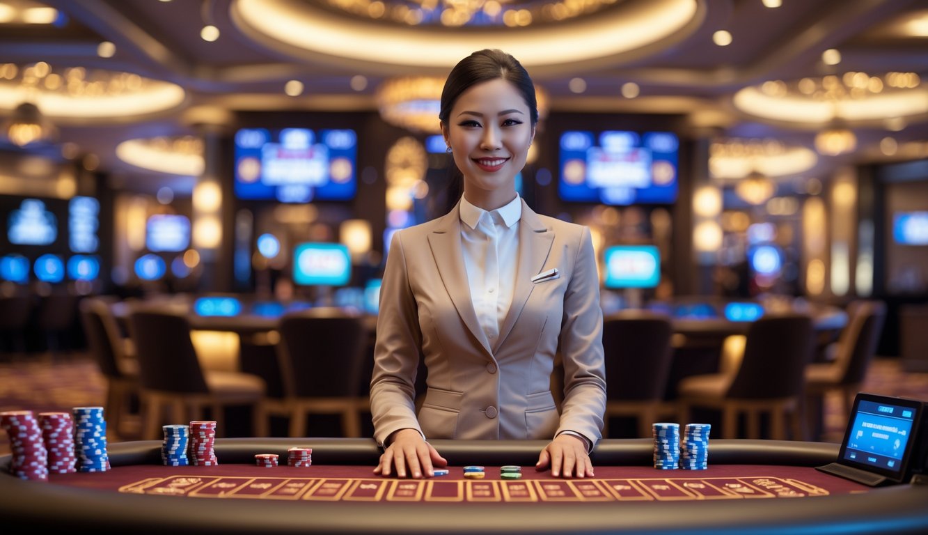Seorang dealer wanita profesional berdiri di belakang meja kasino dengan kartu dan chip, di dalam ruangan kasino yang mewah dan terang.