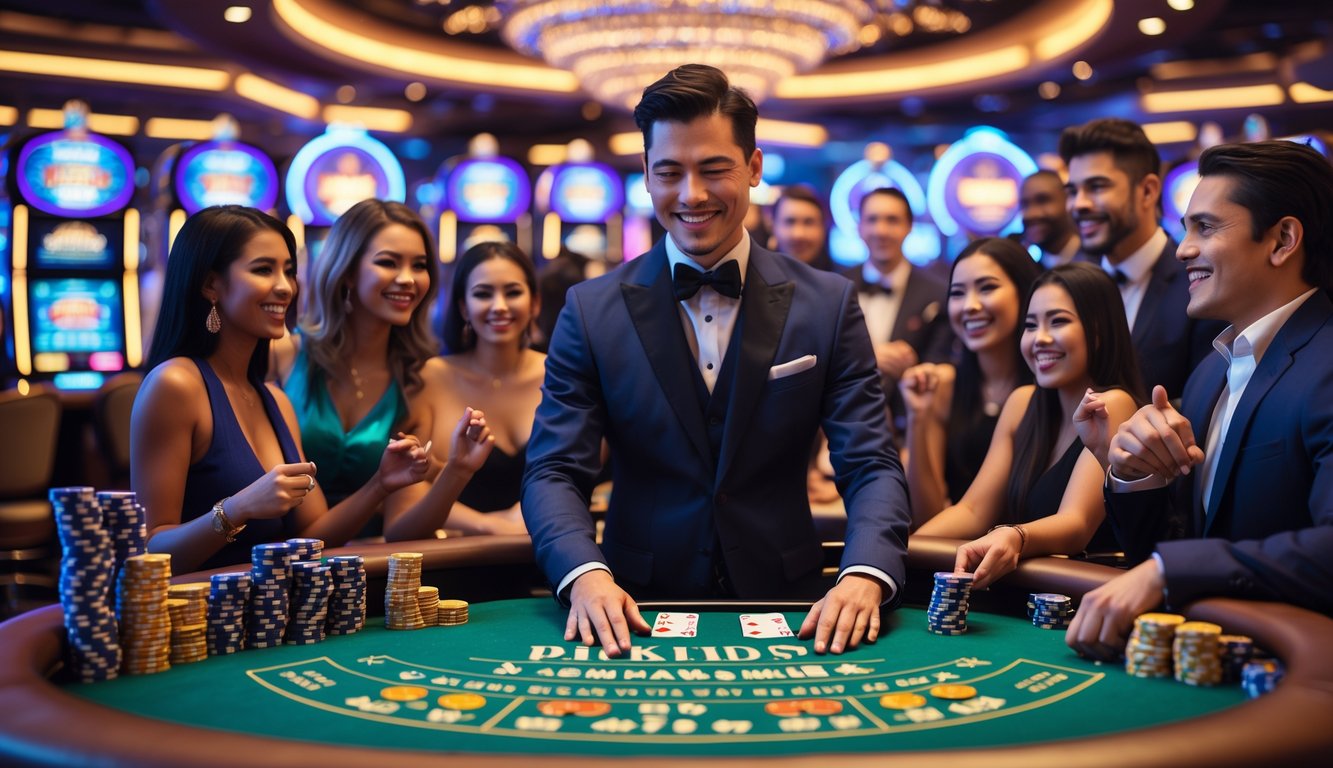 Suasana kasino langsung dengan dealer dan pemain yang sedang bermain kartu di meja hijau, menampilkan kegembiraan dan kemenangan.