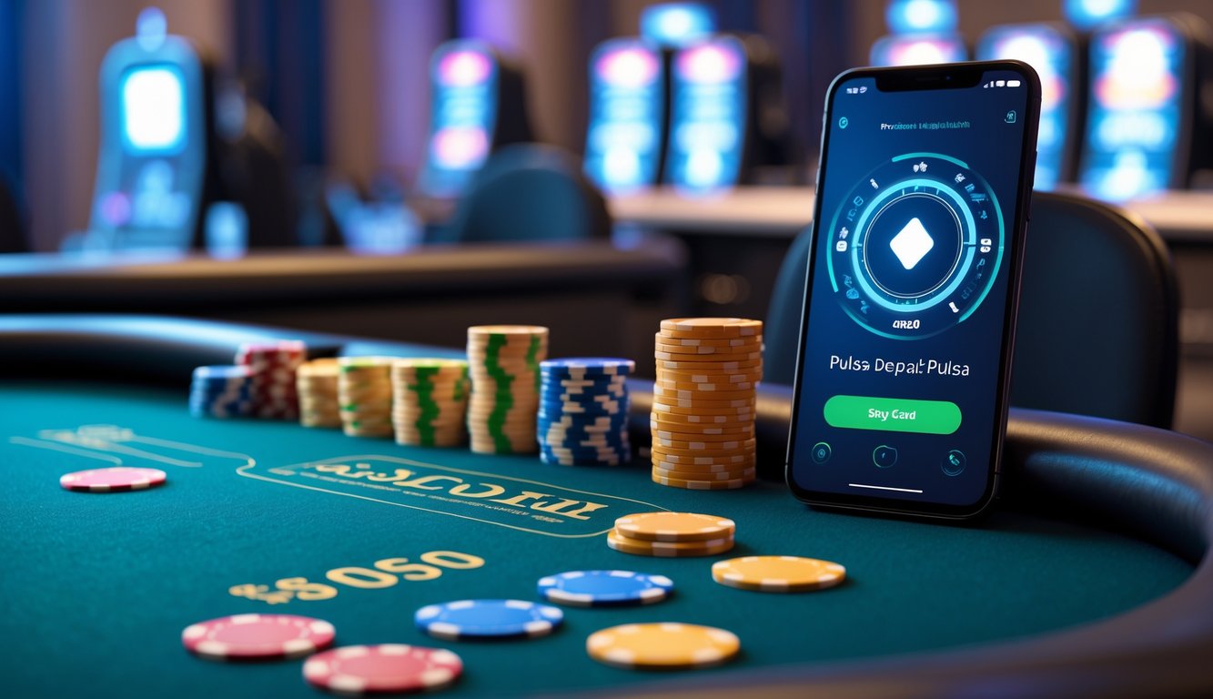 Suasana kasino modern dengan meja permainan dan perangkat digital untuk transaksi pulsa.