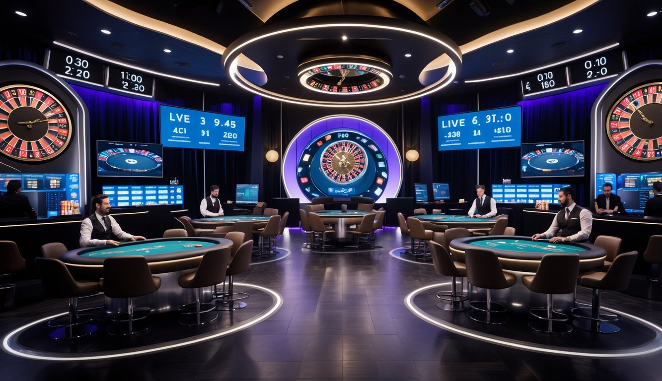 Studio kasino langsung modern dengan dealer yang sedang bermain di meja permainan dan layar digital menunjukkan jam waktu yang berbeda.