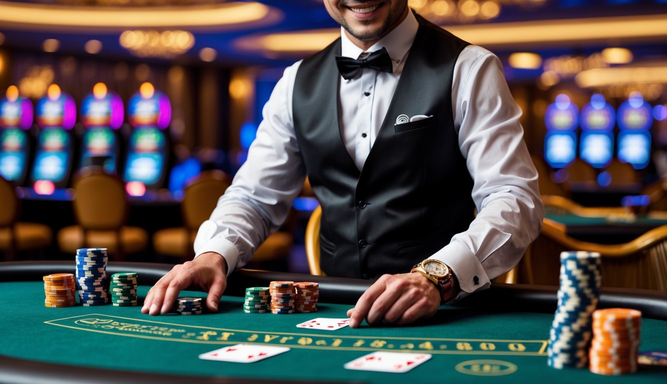 Seorang dealer asli sedang membagikan kartu di meja kasino langsung dengan suasana kasino yang ramai di latar belakang.