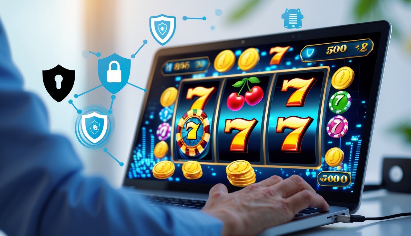 Layar komputer menampilkan permainan slot online dengan simbol warna-warni dan elemen keamanan di sekitarnya.