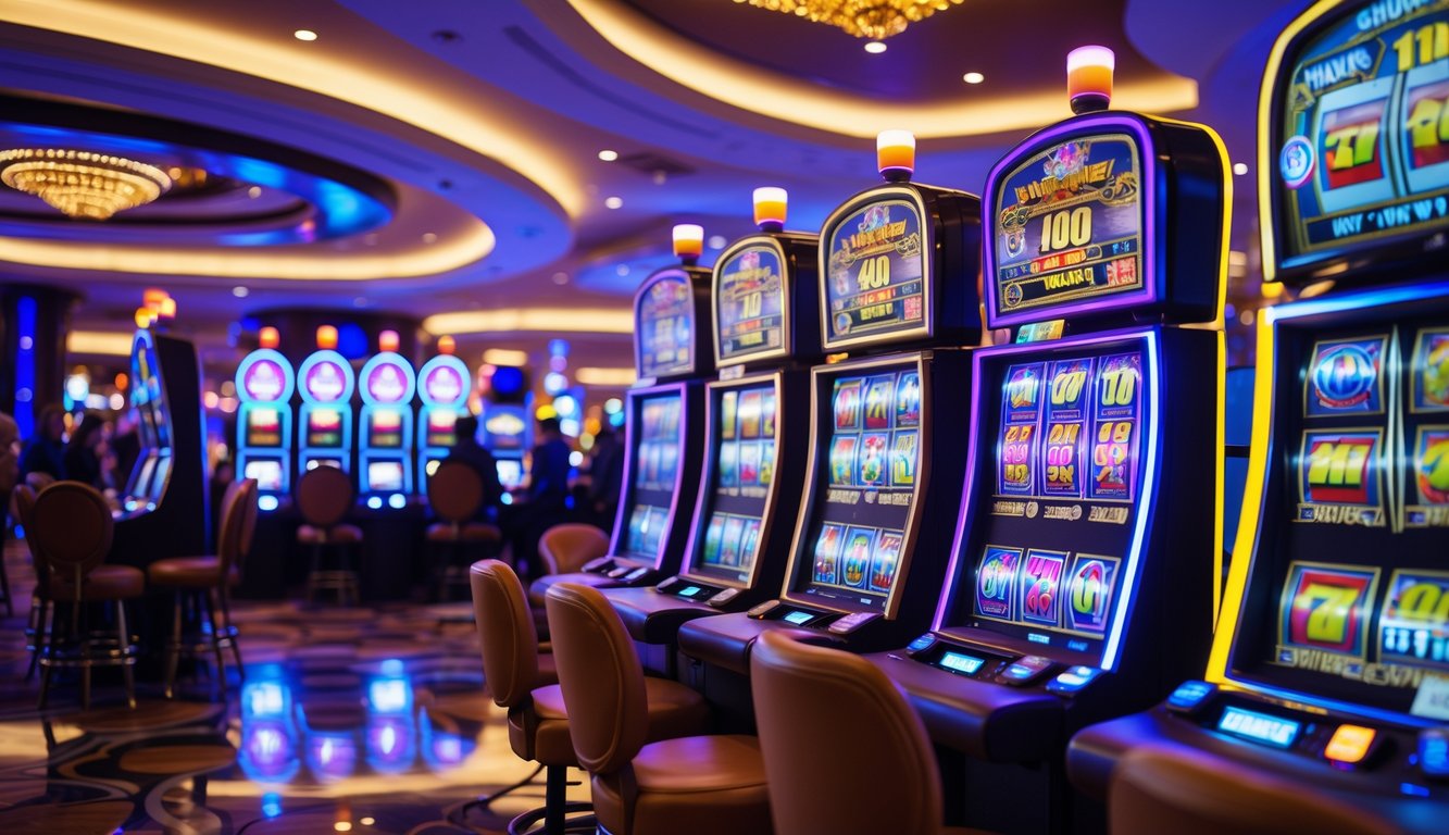 Area mesin slot kasino yang terang dengan lampu warna-warni dan pemain yang sedang bermain.