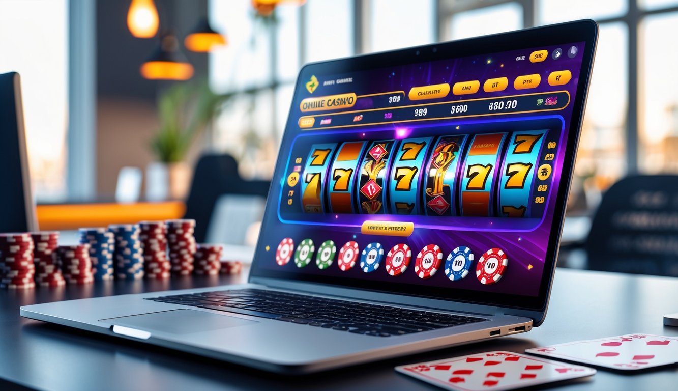 Sebuah ruang kerja modern dengan laptop yang menampilkan permainan slot online berwarna-warni, dikelilingi oleh dekorasi terkait permainan kasino seperti chip poker dan kartu remi.