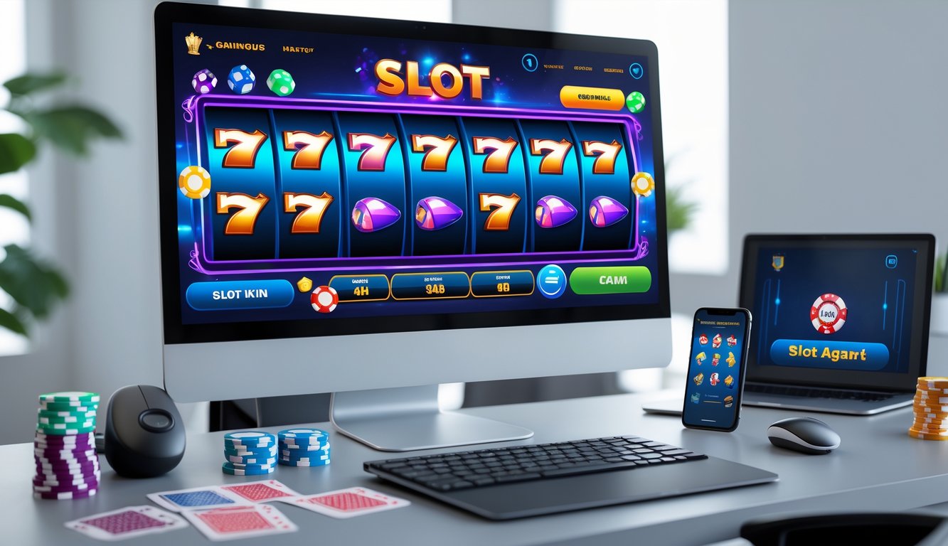 Meja kerja modern dengan komputer menampilkan permainan mesin slot online yang berwarna-warni, dilengkapi dengan ponsel dan aksesori permainan di sekitarnya.