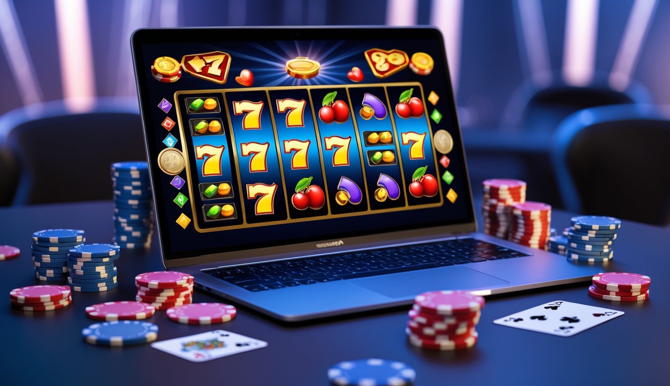 Sebuah komputer dengan layar menampilkan permainan slot online yang berwarna-warni, dikelilingi oleh chip poker dan kartu remi.