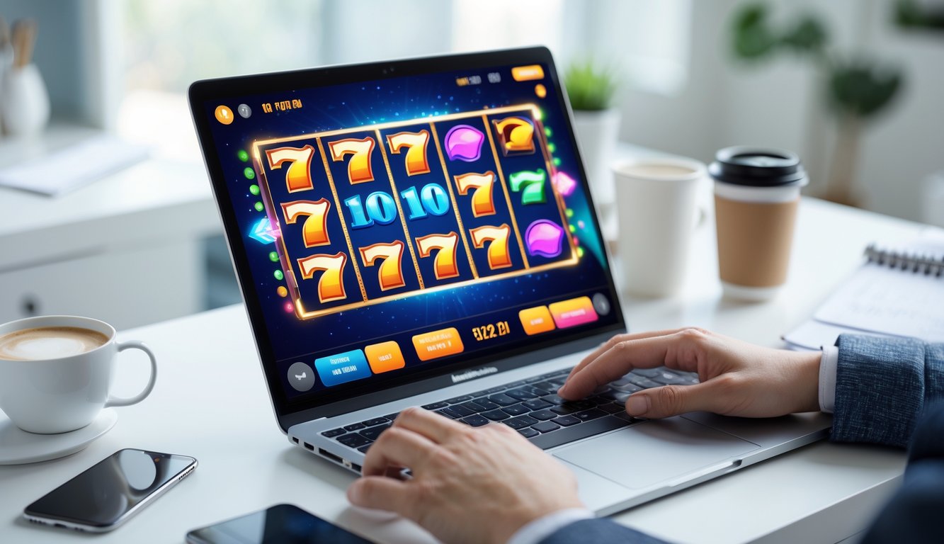 Seseorang menggunakan komputer dengan permainan slot online yang berwarna-warni di layar, menunjukkan pengalaman bermain yang mudah dan menyenangkan.