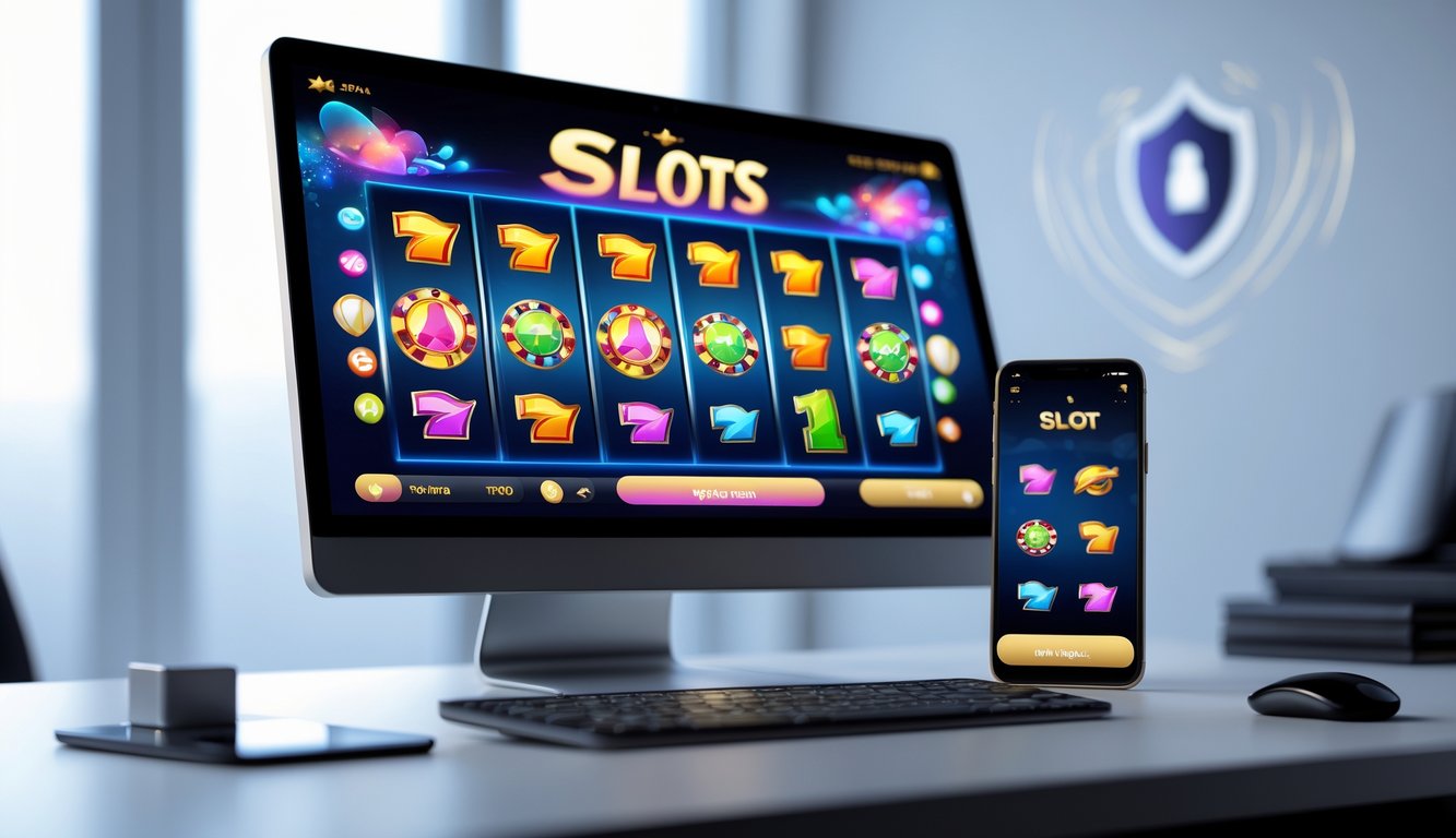 Sebuah komputer dan ponsel menampilkan permainan slot online dengan latar ruang kerja yang rapi dan terang.