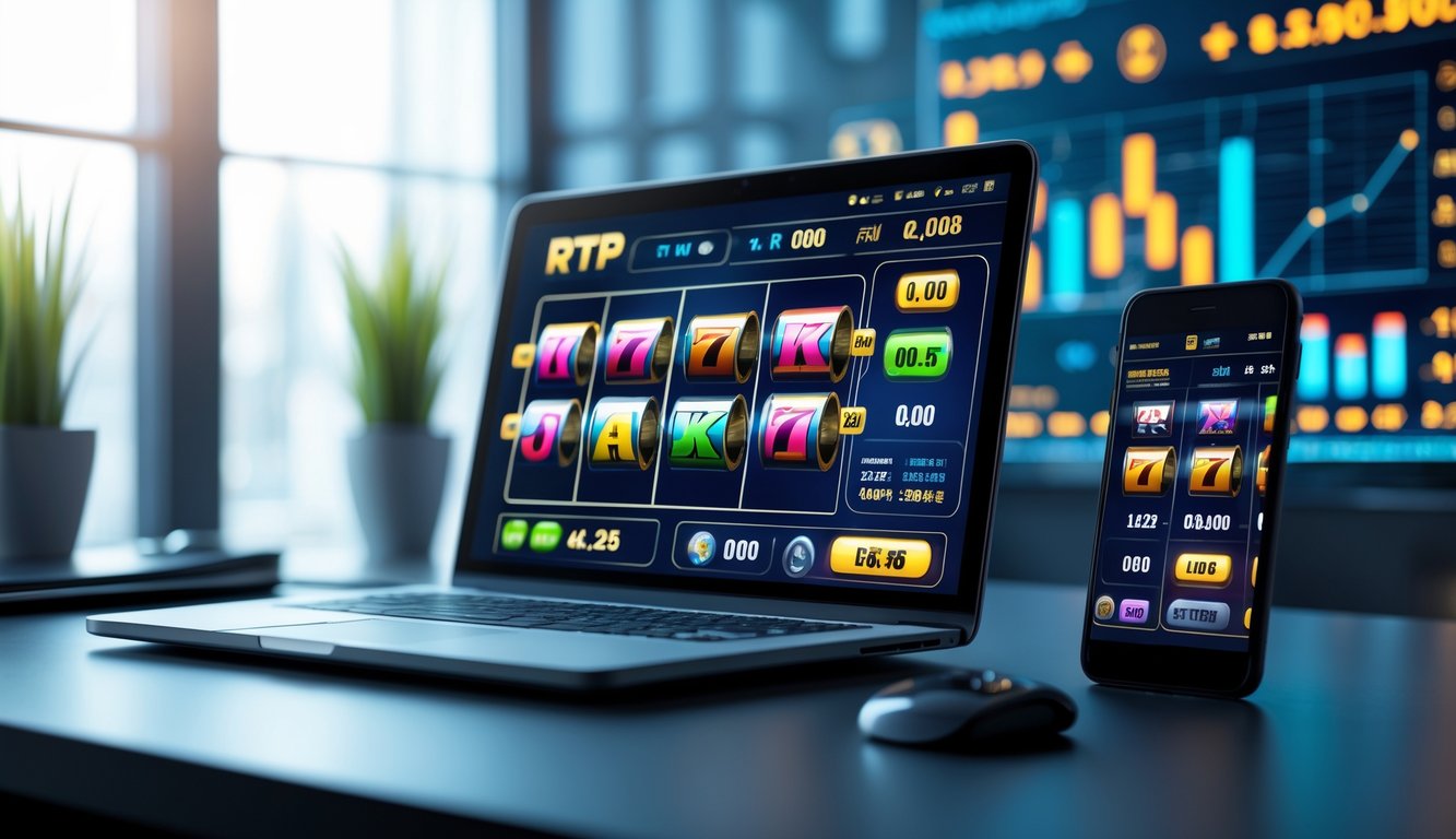 Meja kerja modern dengan laptop dan ponsel yang menampilkan permainan slot online dan grafik data RTP.