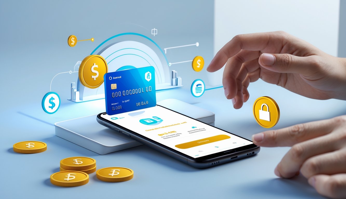 Seseorang memegang ponsel yang menampilkan aplikasi dompet digital dengan transaksi isi ulang pulsa berhasil.