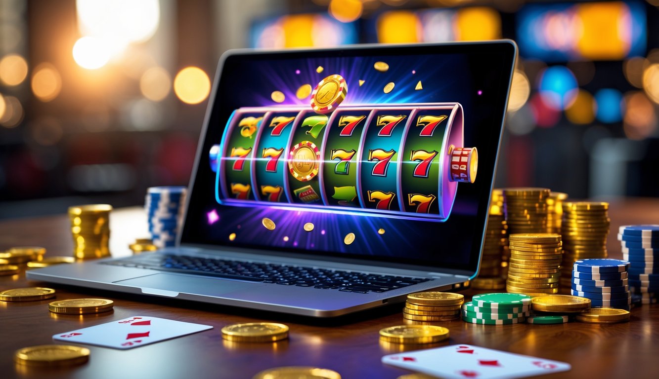 Sebuah laptop menampilkan permainan slot online dengan chip poker dan koin emas di atas meja kayu.