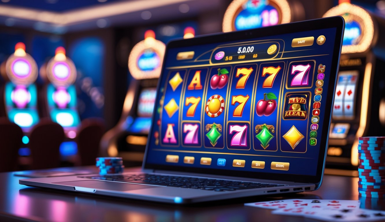 Layar komputer menampilkan permainan slot online dengan latar belakang suasana kasino yang mewah dan nyaman.