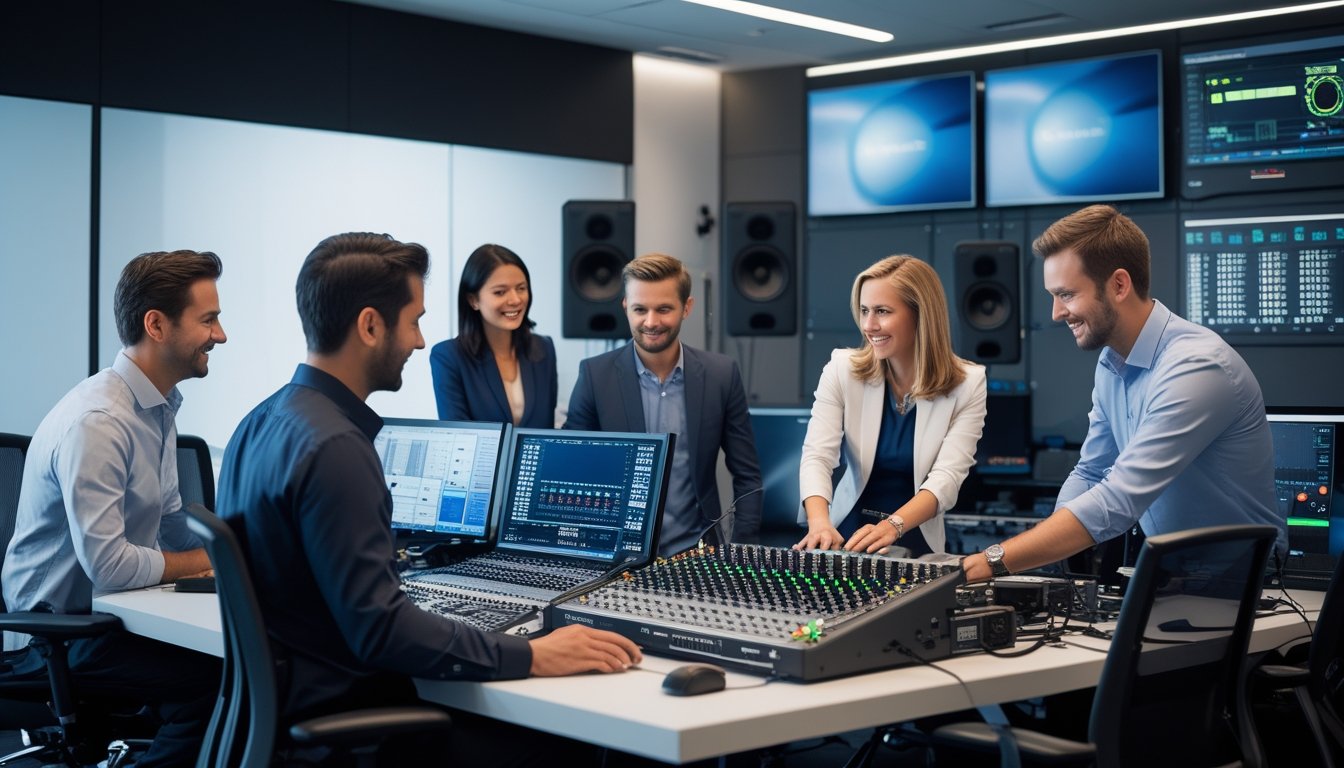 Suasana kantor modern dengan peralatan audiovisual canggih dan tim profesional yang sedang bekerja sama.
