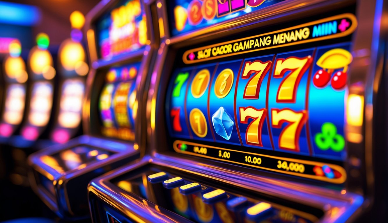 Mesin slot berwarna cerah dengan gulungan yang berputar dan koin emas yang keluar, menunjukkan suasana kemenangan di kasino.