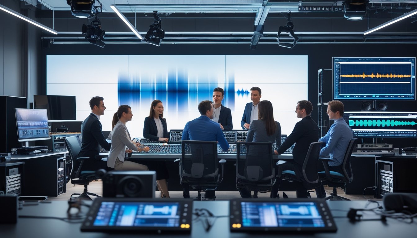 Tim profesional bekerja bersama dengan peralatan audiovisual canggih di ruang kantor modern.