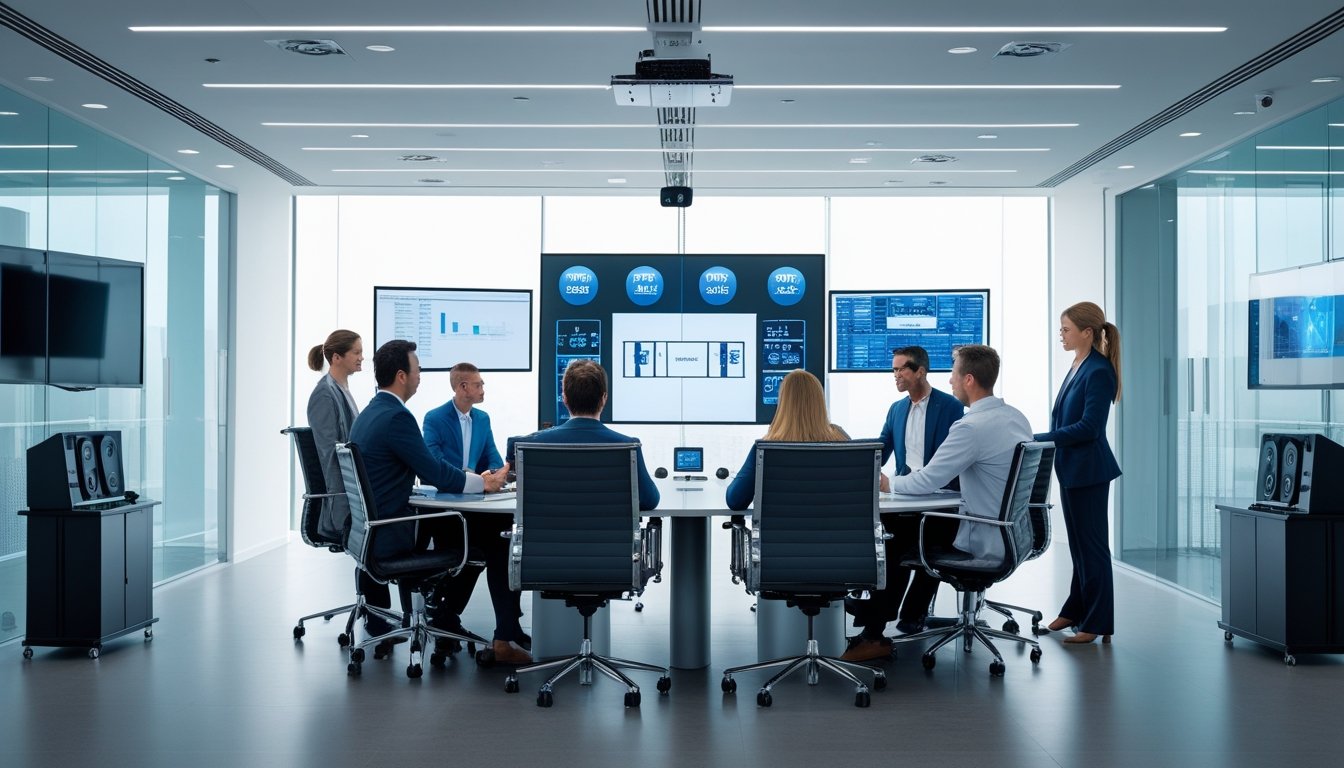 Tim profesional sedang bekerja bersama di ruang rapat modern dengan perangkat audiovisual canggih.