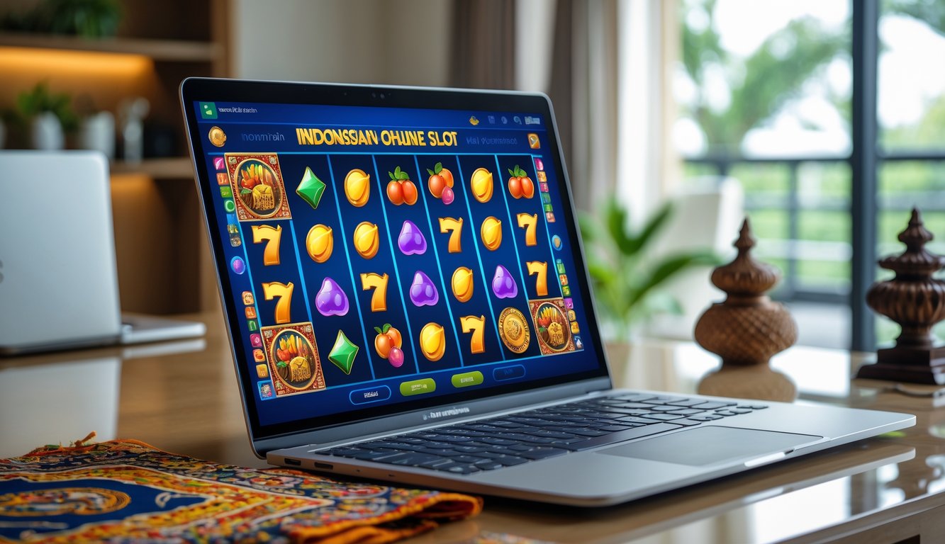 Seorang pria menggunakan laptop dengan tampilan permainan slot online berwarna-warni di meja kerja yang rapi dengan hiasan budaya Indonesia di latar belakang.