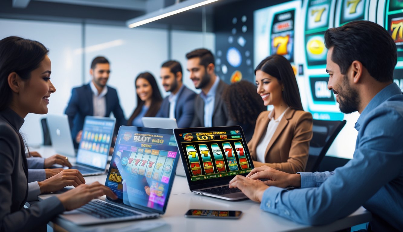 Orang-orang menggunakan perangkat digital di ruang kerja modern dengan tampilan mesin slot di layar.