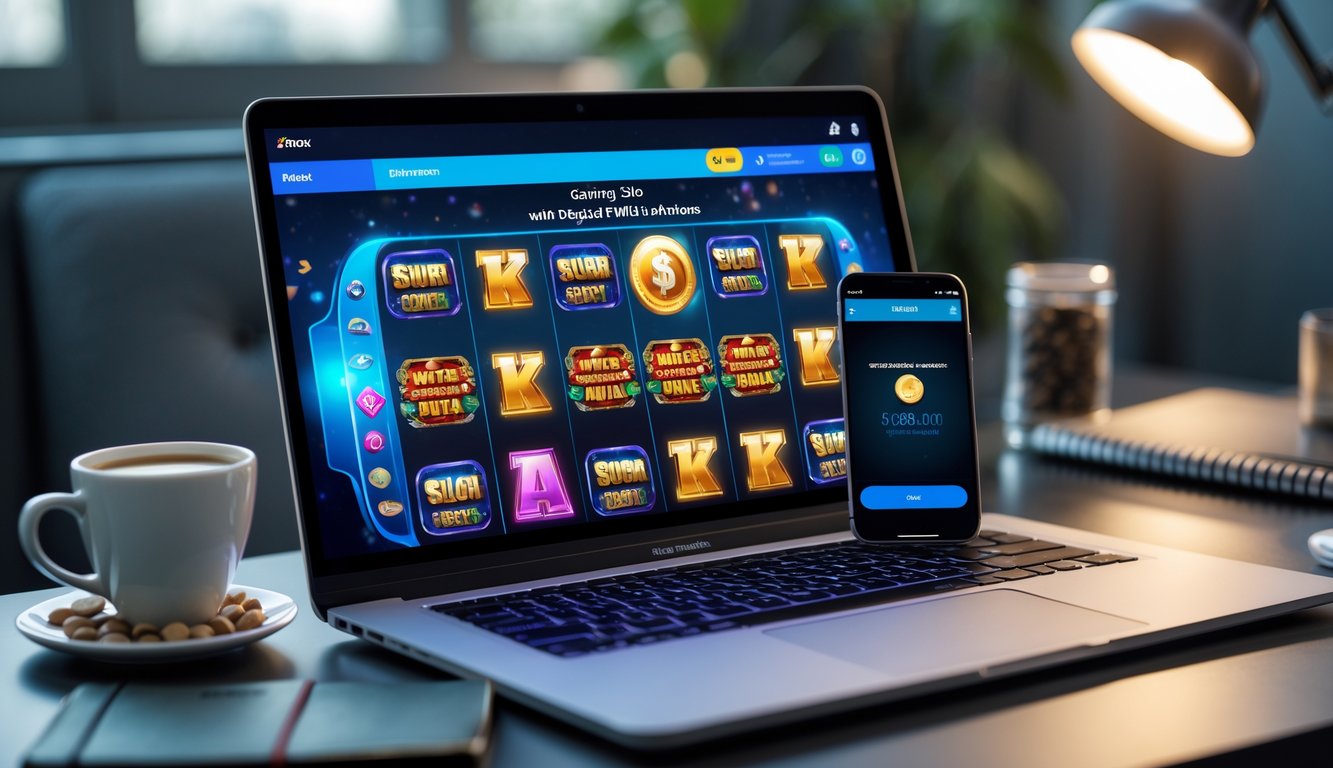Seorang pengguna sedang bermain slot online di laptop dengan ponsel di samping yang menampilkan saldo pulsa.