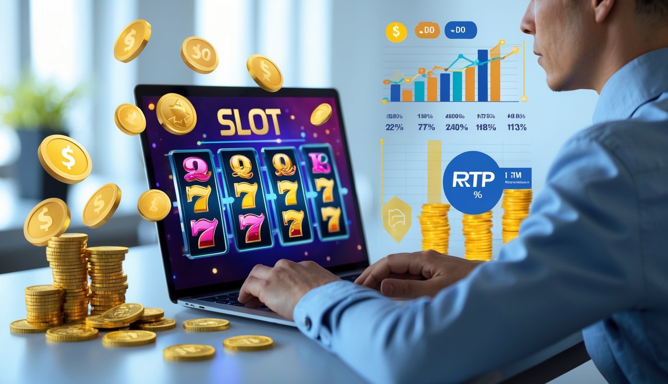 Seorang pengguna laptop sedang bermain permainan slot online dengan grafik warna-warni di layar dan koin digital di sekitarnya.