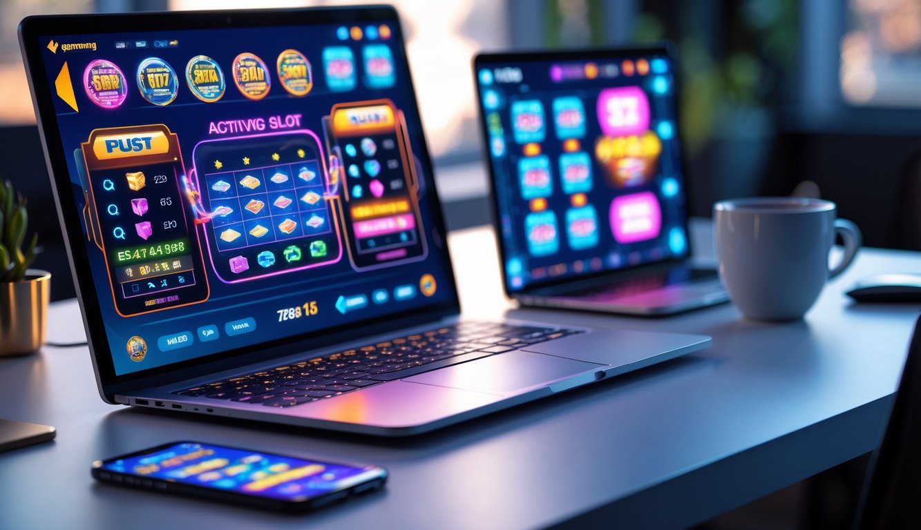 Meja kerja modern dengan laptop yang menampilkan ikon permainan slot dan grafik aktivitas tinggi, dikelilingi smartphone dan cangkir kopi.