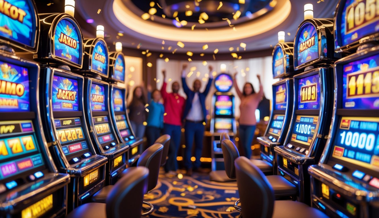 Area mesin slot kasino mewah dengan mesin slot modern yang menyala dan orang-orang yang sedang merayakan kemenangan besar.