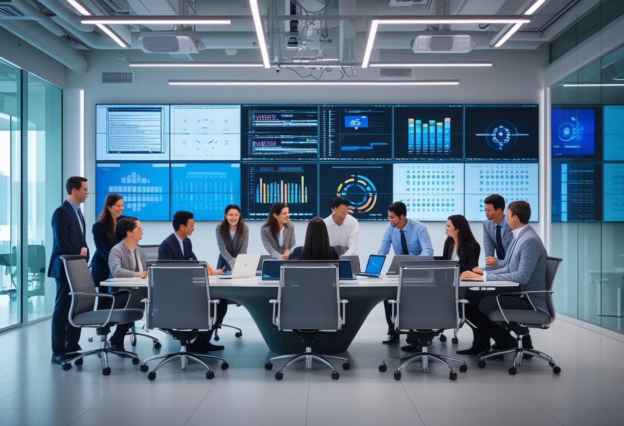 Tim profesional sedang bekerja sama di ruang kantor modern dengan peralatan audio visual dan teknologi IT canggih.