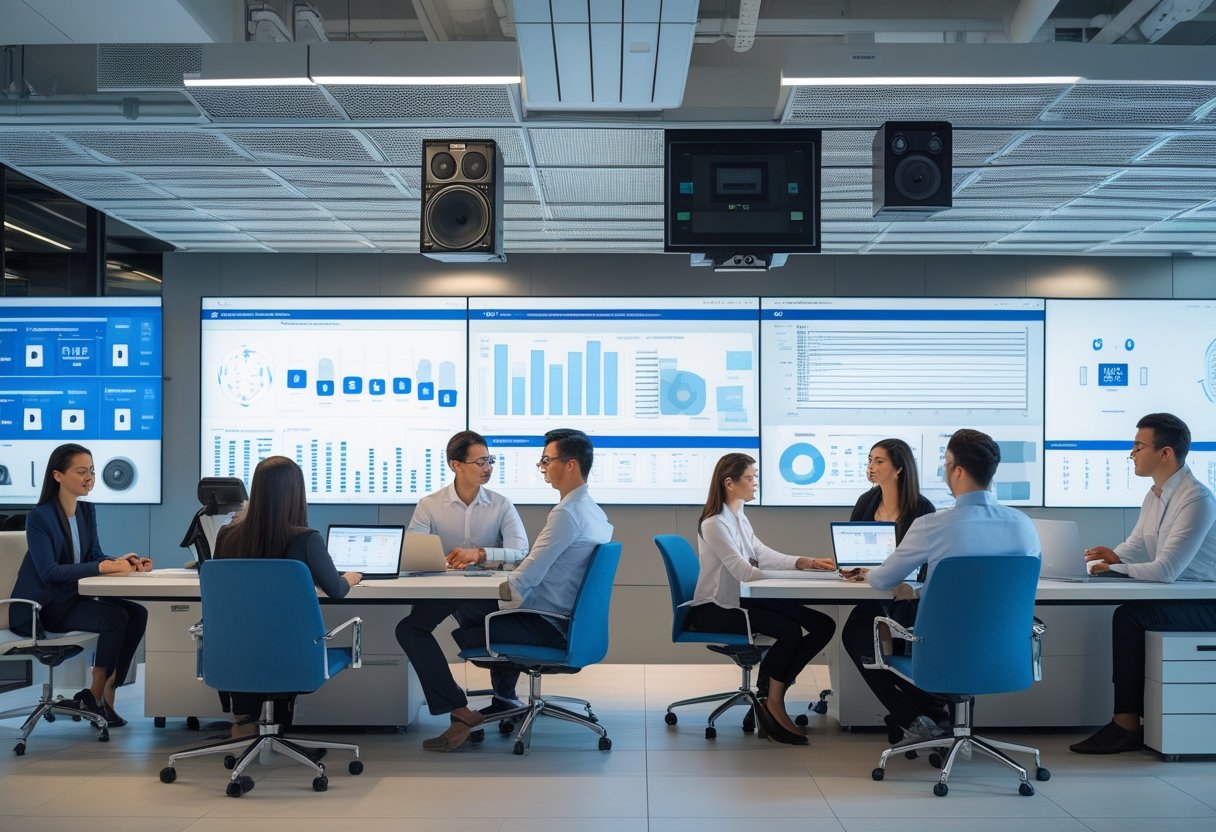 Tim profesional bekerja sama di kantor modern dengan peralatan audio visual dan IT canggih, menampilkan suasana teknologi dan inovasi.