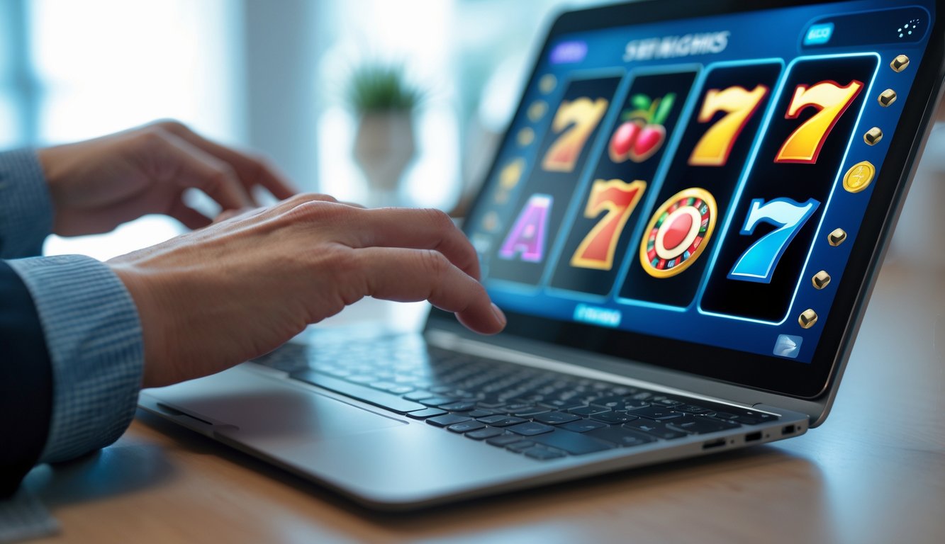 Orang menggunakan perangkat digital untuk bermain mesin slot online dengan simbol warna-warni dan ikon keamanan di layar.