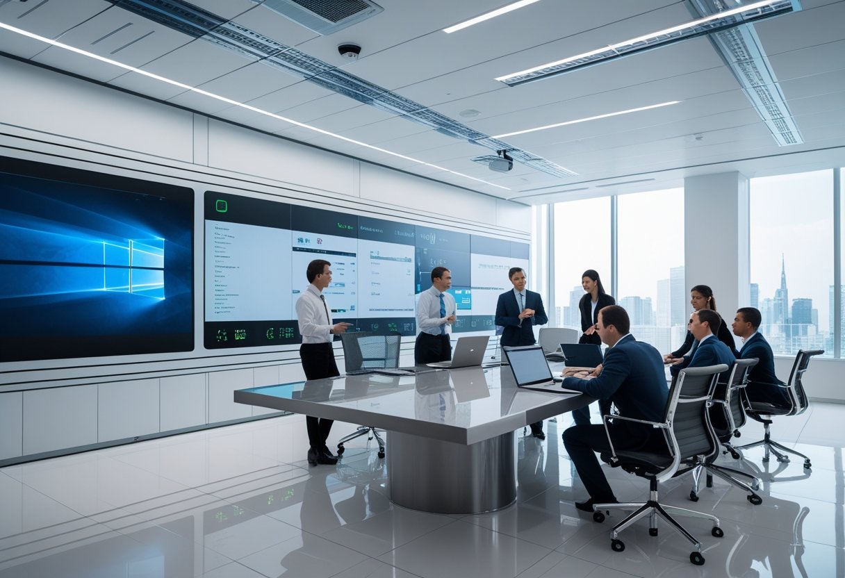 Ruang kantor modern dengan profesional yang sedang bekerja sama menggunakan perangkat teknologi canggih dan layar digital besar.