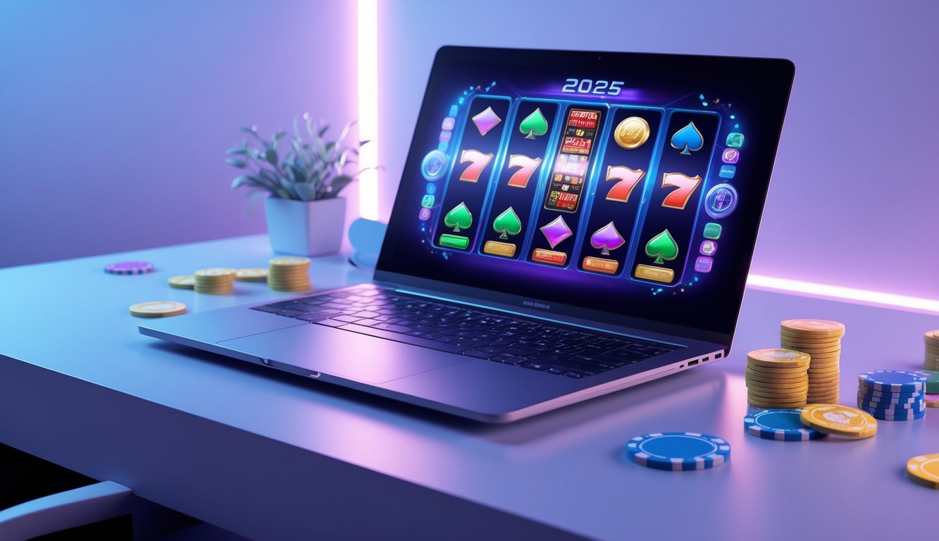 Sebuah meja kerja modern dengan komputer yang menampilkan permainan mesin slot online yang berwarna-warni dan elemen koin virtual serta kartu remi di sekitarnya.