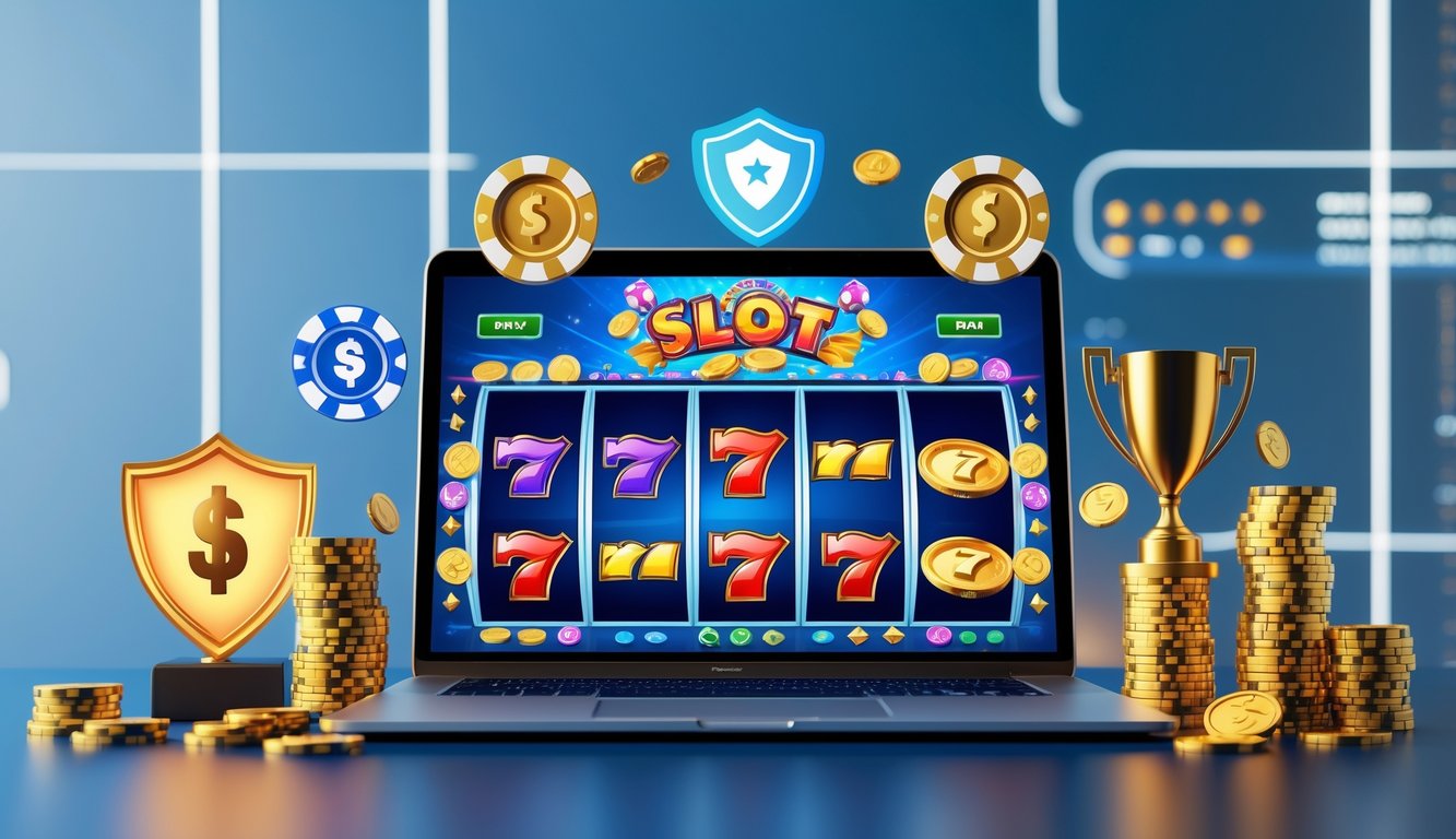 Layar komputer menampilkan permainan slot online dengan simbol buah dan koin emas, dikelilingi oleh ikon perisai dan tumpukan chip kasino.