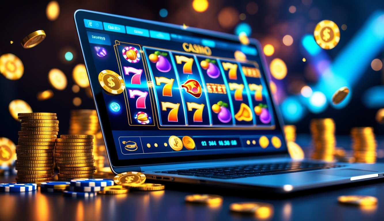 Layar komputer menampilkan permainan mesin slot warna-warni dengan koin emas dan chip poker di sekitarnya.