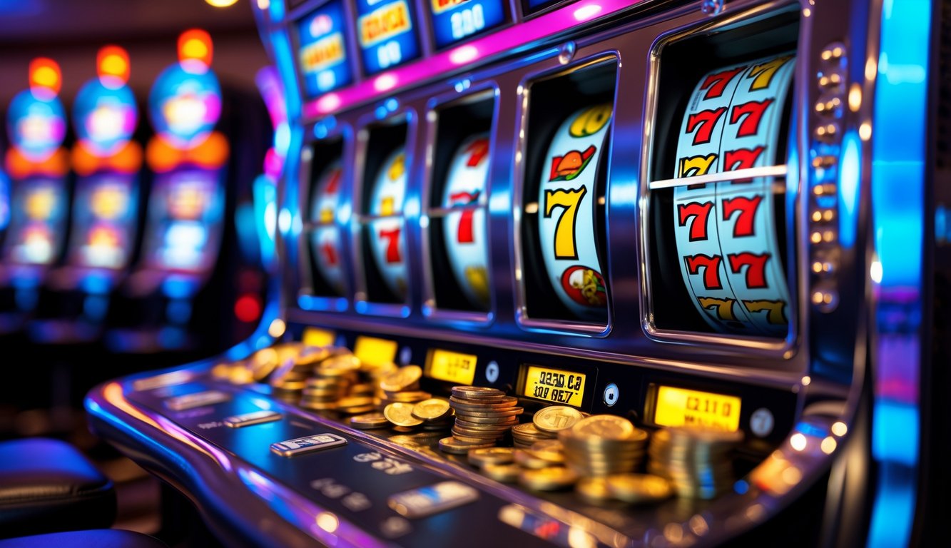 Mesin slot kasino modern dengan lampu warna-warni dan koin yang keluar sebagai tanda kemenangan.