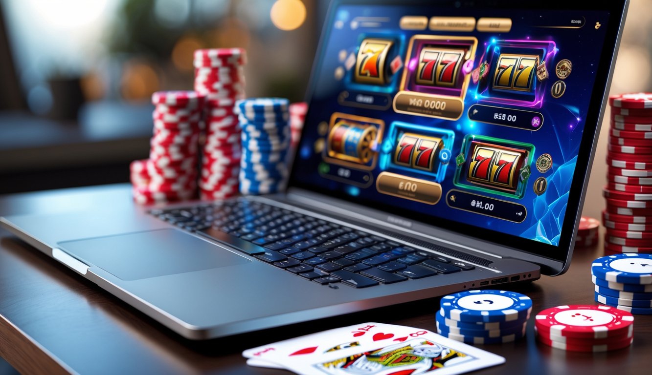 Meja kerja dengan laptop dan smartphone yang menampilkan permainan slot online serta beberapa chip poker dan kartu remi di sekitarnya.