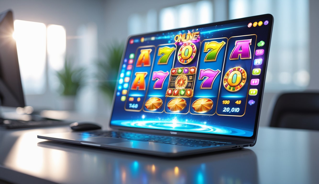 Antarmuka digital modern menampilkan permainan slot online dengan ikon warna-warni dan simbol jackpot pada layar perangkat di lingkungan kerja minimalis.