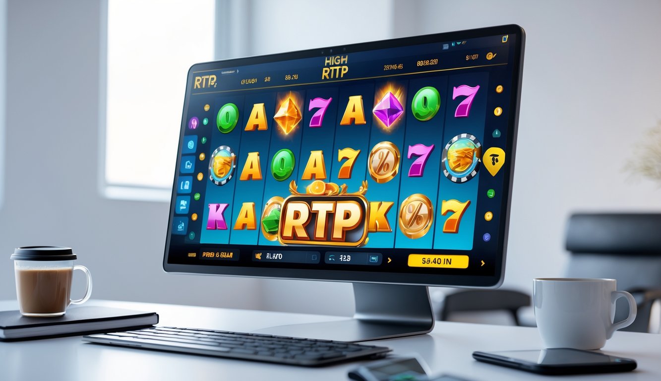 Seorang profesional menggunakan komputer dengan tampilan permainan slot online di layar di ruang kantor yang terang dan rapi.