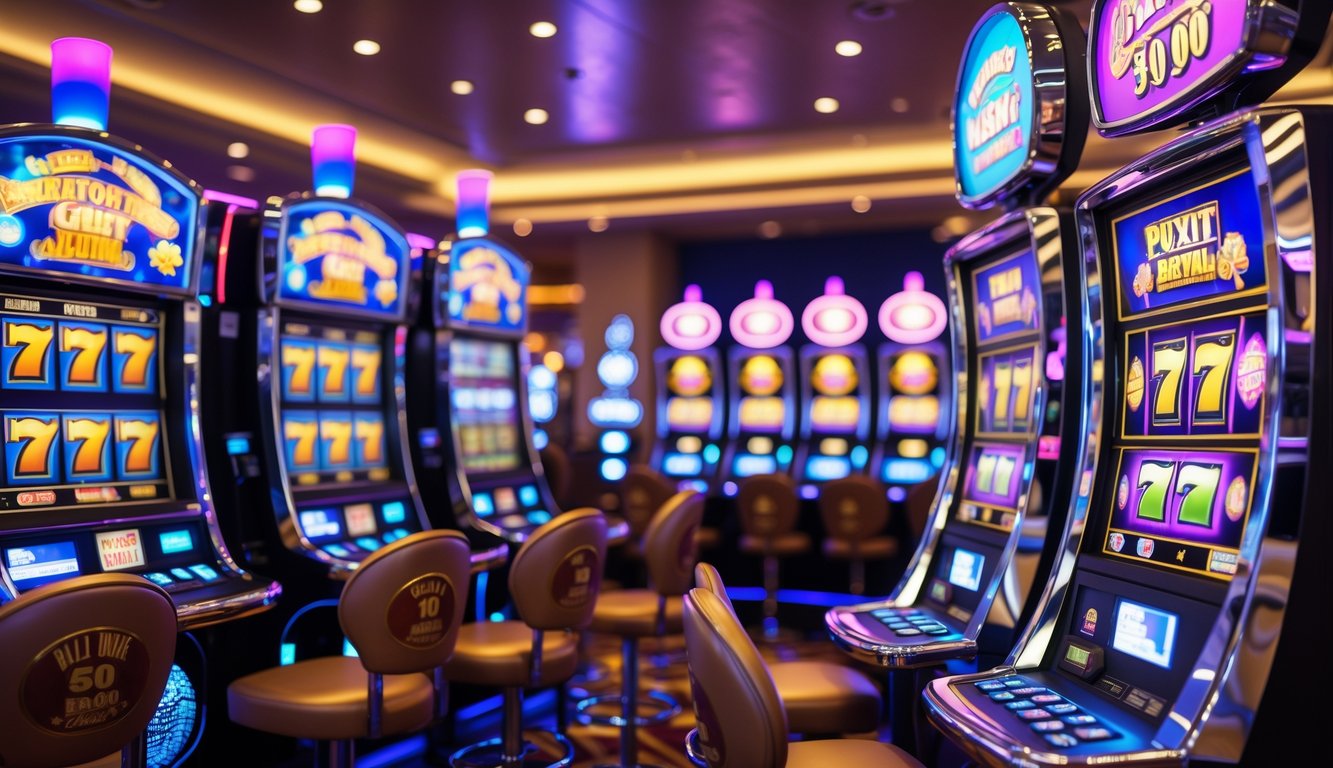 Area mesin slot kasino modern dengan mesin slot berwarna cerah dan lampu menyala, menampilkan suasana kasino yang hidup dan profesional.