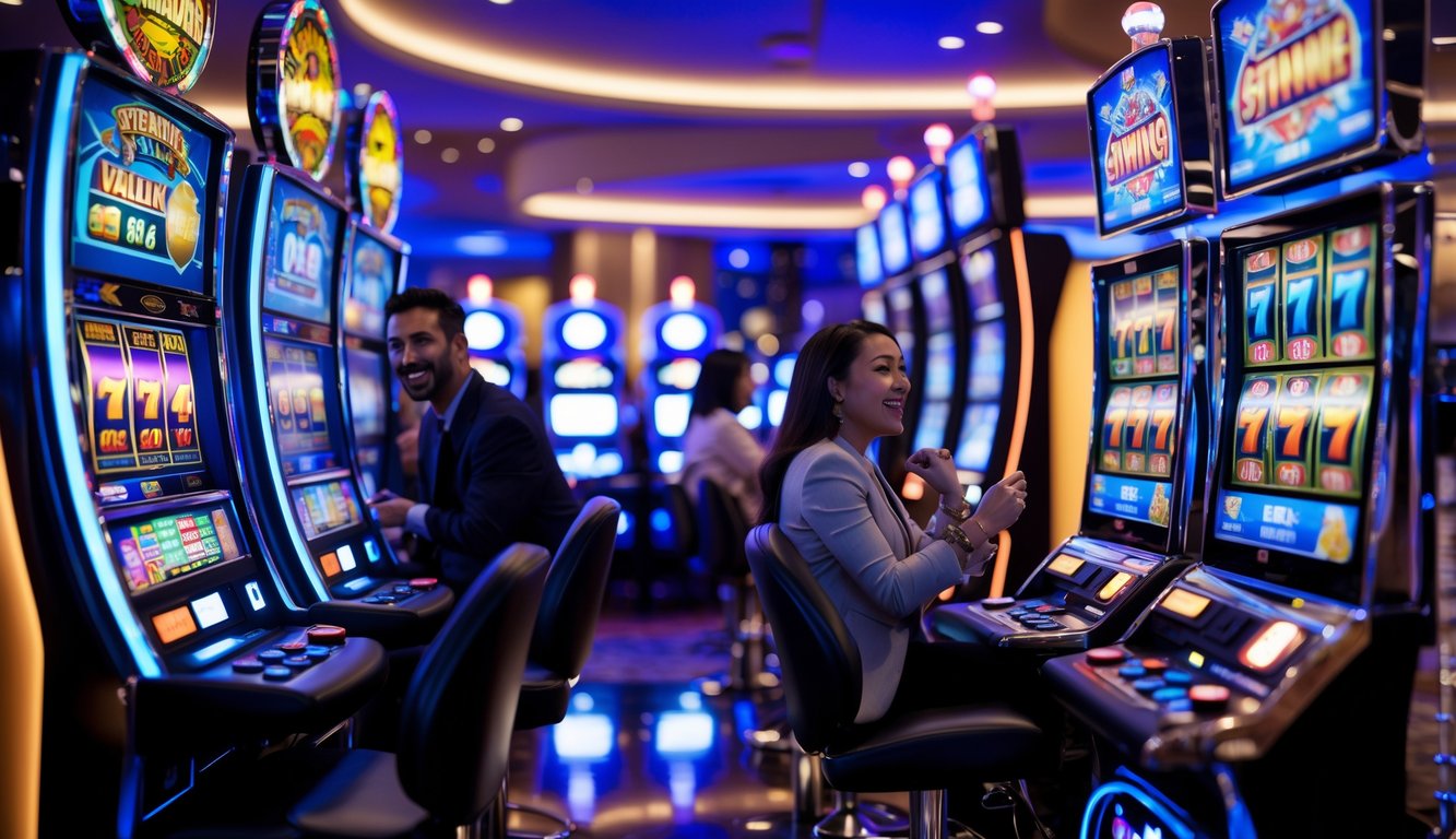 Suasana kasino modern dengan beberapa mesin slot yang menyala dan pemain yang terlihat antusias bermain.