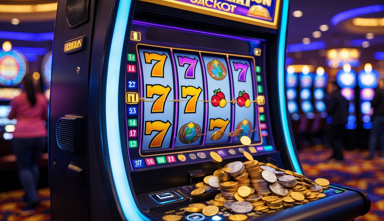 Mesin slot di kasino dengan lampu berwarna cerah dan koin melimpah menunjukkan kemenangan jackpot besar.