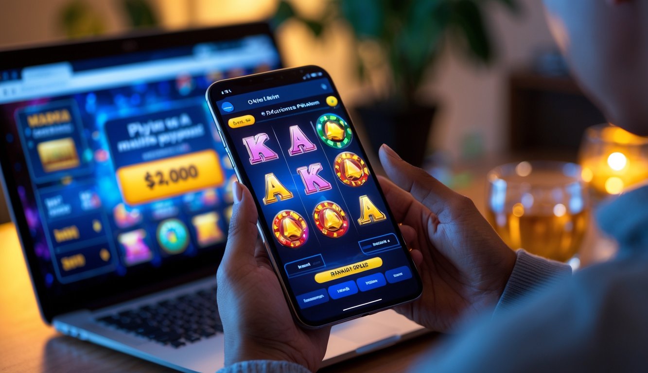 Seseorang memegang ponsel yang menampilkan permainan slot online dengan latar belakang meja kerja dan laptop terbuka.