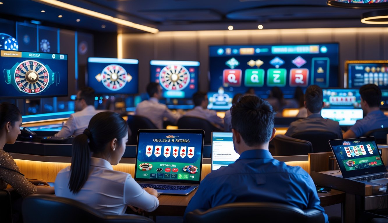 Orang-orang bermain permainan kasino online secara langsung di ruangan modern dengan komputer dan ponsel.